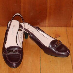 Etienne Aigner E-Chalon Brown Leather w Buckle Elastic Sling Back Kitten Heels